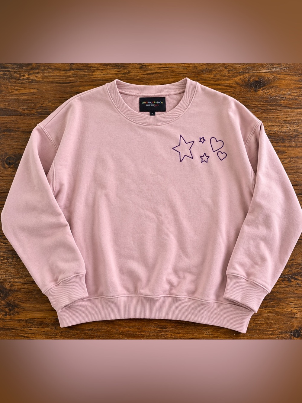 Lingua Franca Designed By You Pink Hand Embroidered Stars Hearts Sweatshirt XL